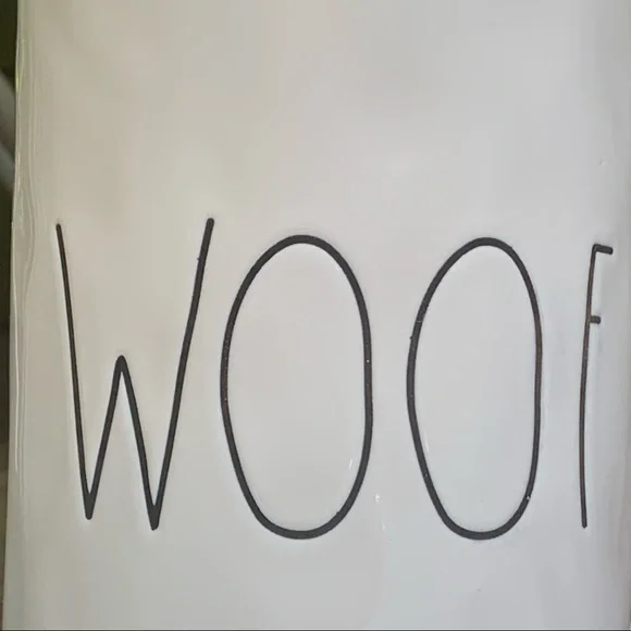 Rae Dunn WOOF Canister Dog Treat Jar White Black Letters Dimples NWT 2017 OG - Picture 3 of 14